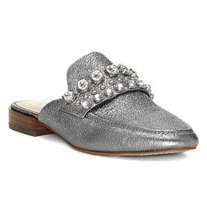 VINCE CAMUTO TORLISSI LEATHER MULE - SILVER METALLIC BEADED EMBELLISHED SLIP ON